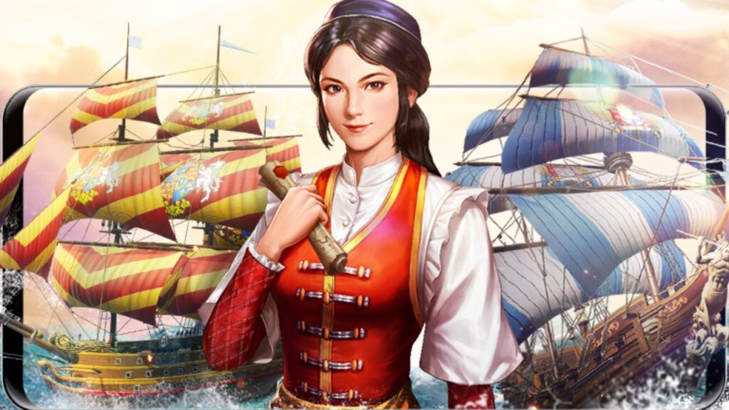 The featured image for our Uncharted Waters Origin release article, featuring a woman from the game dressed in a red sailors outfit looking towards the camera. Behind her are two boats, one red and one blue.
