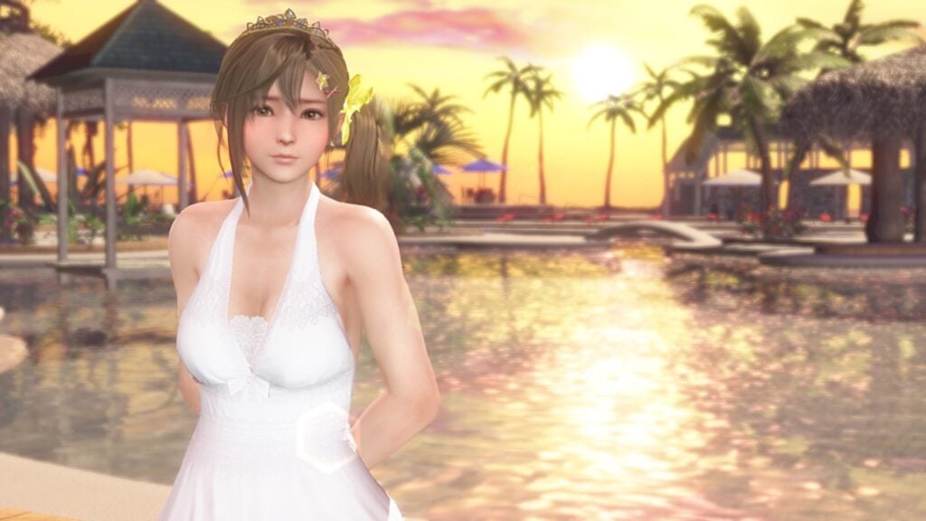 The featured image for our Venus Vacation Fourth Anniversary article, featuring a woman in a white dress standing next to a pool. Behind her is a sunset, turning the sky orange.