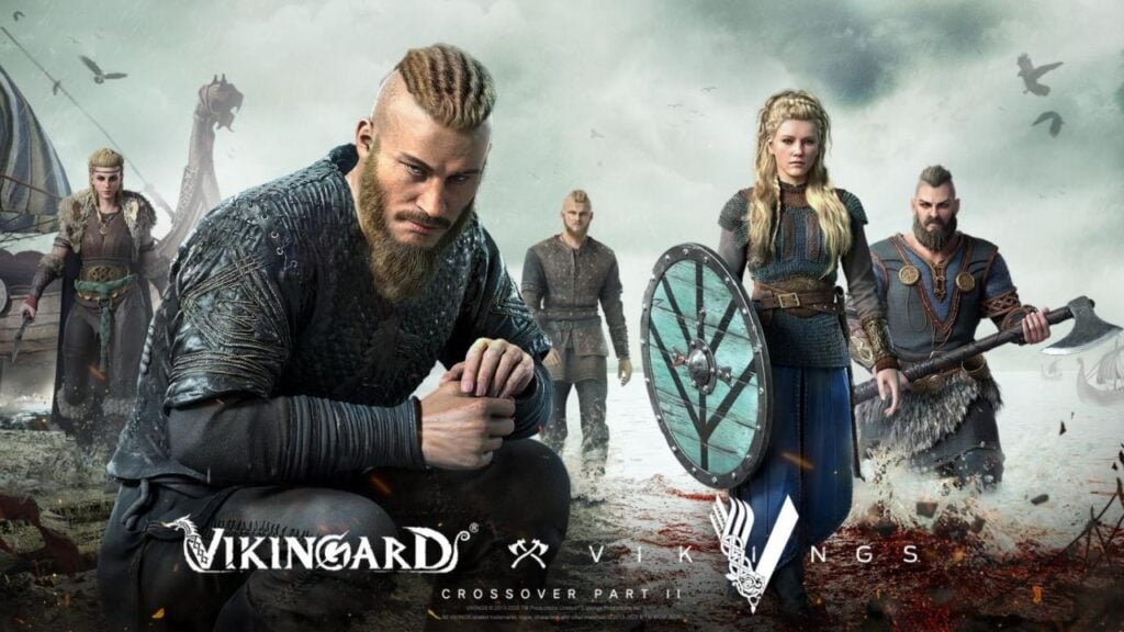Feature image for our Vikingard crossover news. It shows several characters from the MGM series Vikings advancing across a beach, with Ragnar Lothbrok sat in the foreground.