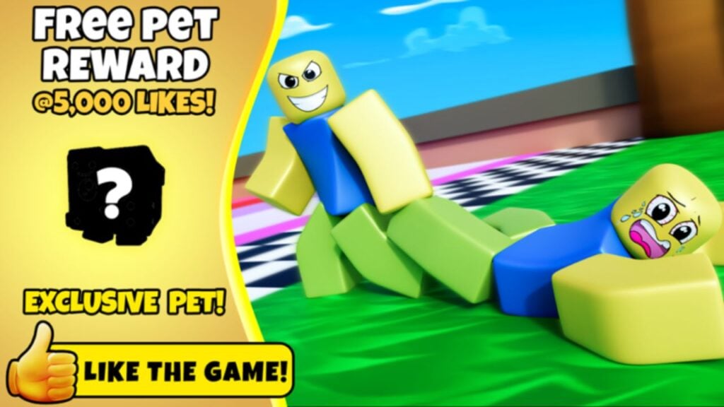 Feature image for our Yeet A Friend codes guide. It shows two Roblox characters. One is grinning evilly and pulling the other, who is crying, across the floor by one foot.