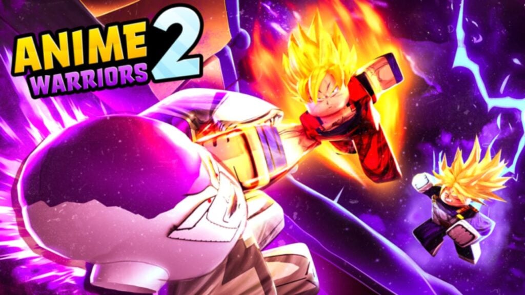 Feature image for Anime Warriors Simulator 2 codes guide. It shows Roblox versions of several Dragon Ball Z characters fighting on a purple background.
