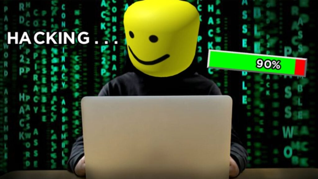 Feature image for our Become A Hacker To Prove Dad Wrong codes guide. It shows a figure hacking on a laptop with code flying by in the background. The figure has a yellow smiling Roblox head.