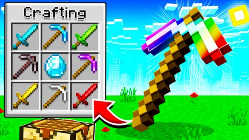 Feature image for our Block Miner codes guide. It shows a Minecraft crafting grid, with several different tools and a diamond inside. Next to the grid is a rainbow colored pickaxe.