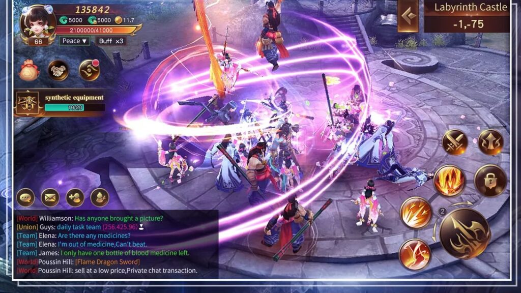 Feature image for our Chaos: Immortal Era tier list. It shows a screenshot of a fight in-game with lots of characters on screen and a purple arc of magic.