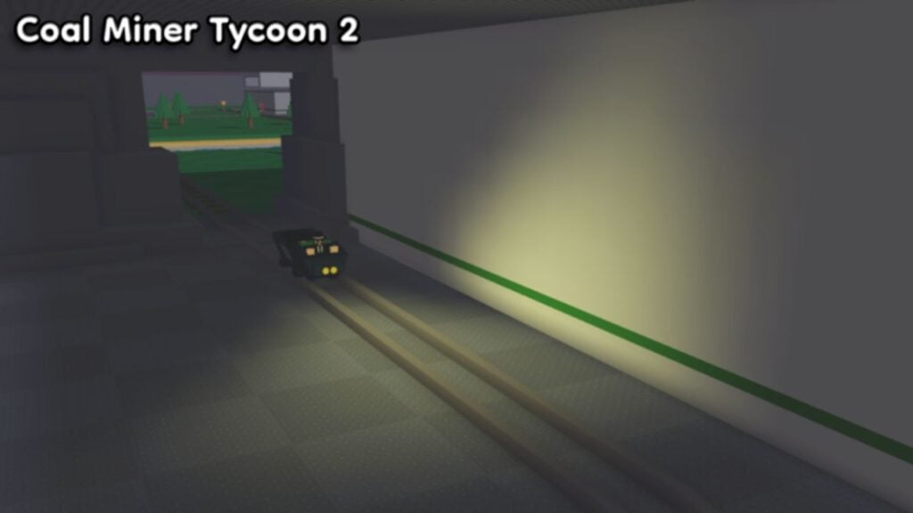 Feature image for our Coal Miner Tycoon 2 codes guide. It shows a mine cart on some tracks in a cave with a light on.