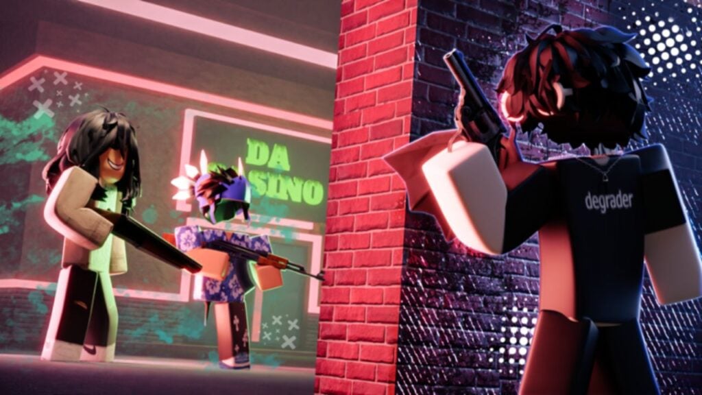 Feature image for our Da Hood Aim Trainer codes guide. It shows one Roblox character with a handgun/pistol leaning around a brick wall to peek at two other characters with assault weapons on a city street.