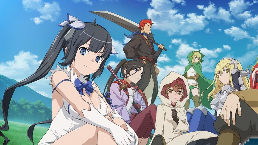 The featured image for our DanMachi Battle Chronicle pre-registration article, featuring the group of friends from the game sitting together in a green field.