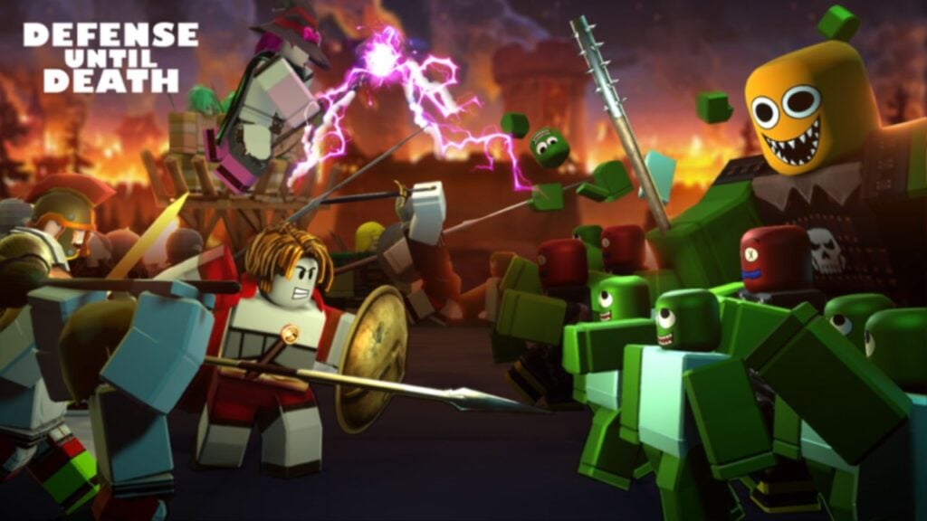 Feature image for our Defense Until Death Simulator codes guide. It shows am army of different human Roblox characters facing off against an army of green monsters, and a giant with a grinning yellow head.