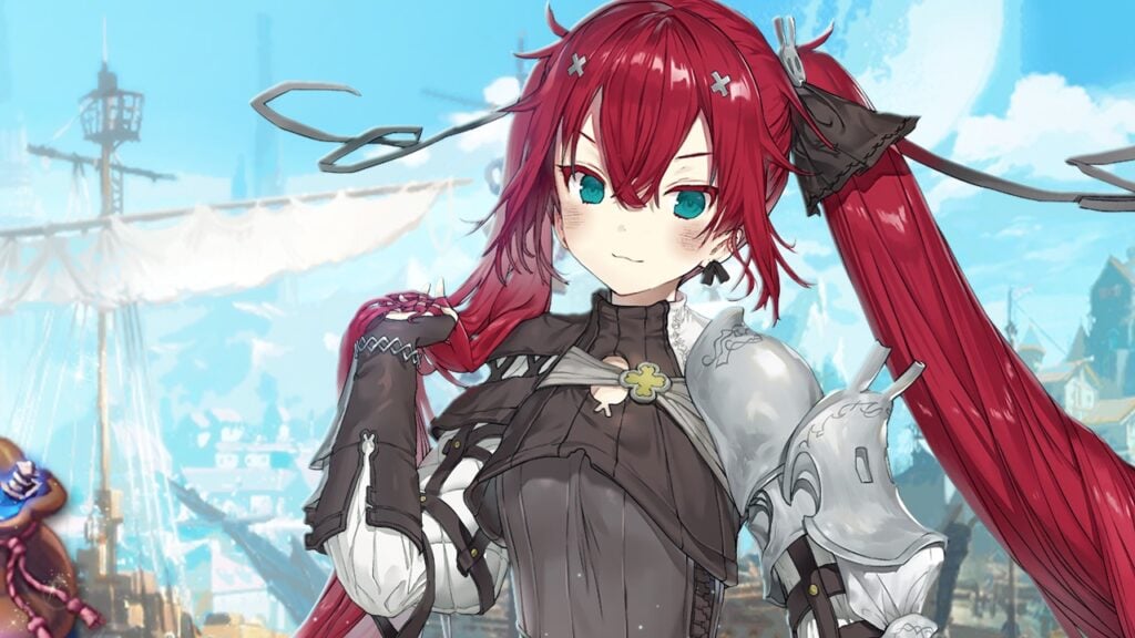 The featured image for our Demian Saga release date article, featuring a woman from the game. The woman has red hair, and wears grey armour, as she looks towards the camera.