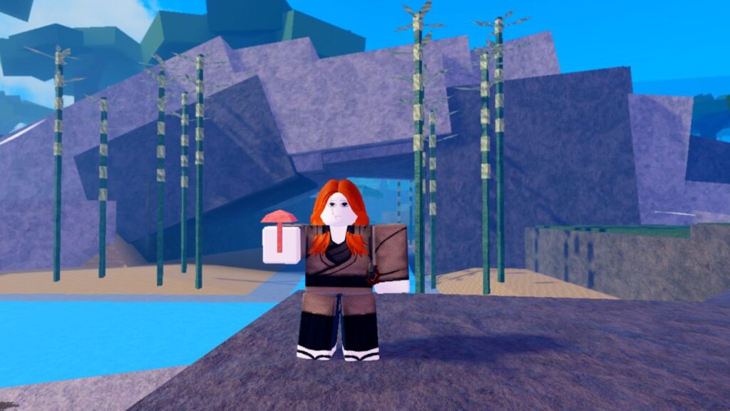 Feature image for our Demon Slayer Midnight Sun clan tier list. It shows a player character with long red hair, stood by a river, holding a mushroom.
