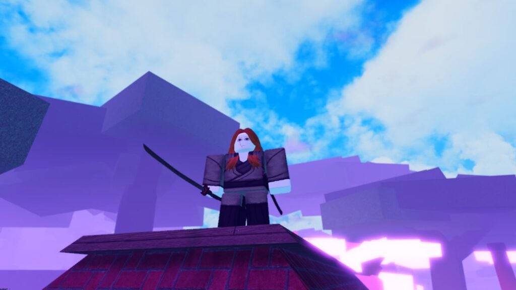 Feature image for our Demon Slayer Midnight Sun codes guide. It shows a red-haired player character stood on a rooftop with a sword drawn.