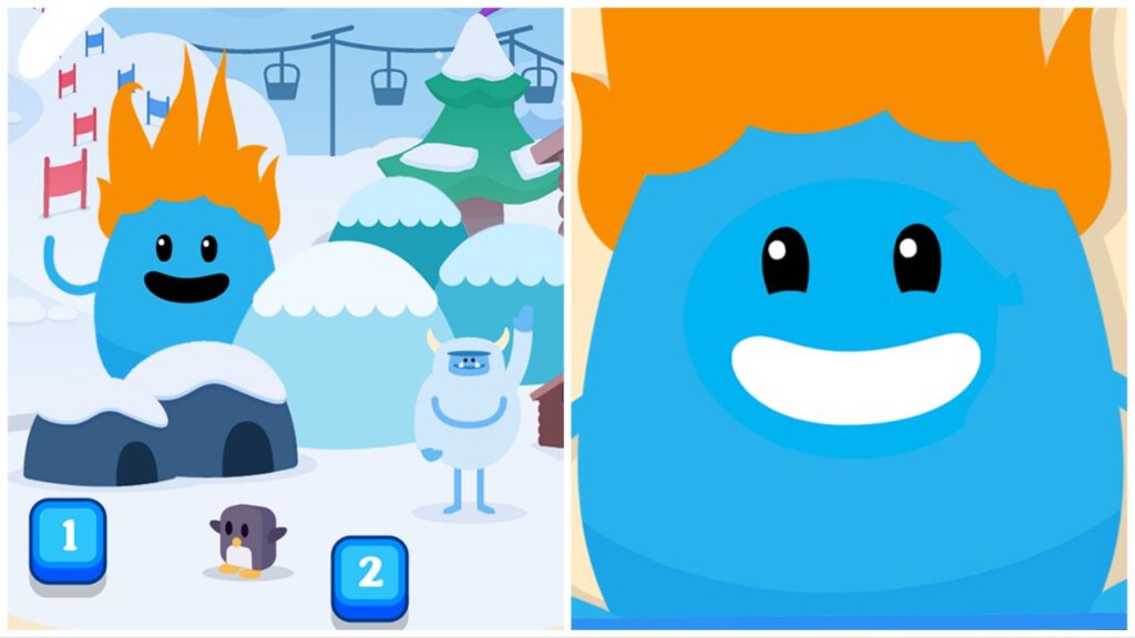 feature image for our dumb ways to die 4 news, the image features promo images for the game of one of the original characters called numpty who is a round blue character with fire on his head, as well as an image that features numpty in a snowy area with ski lifts, a ski slope, a yeti, and a penguin