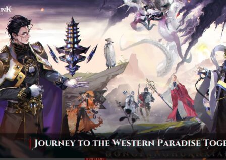 Feature image for our Eastpunk Journey codes. It shows several characters stood on a rocky outcrop with a large dragon-like in the skies behind them.