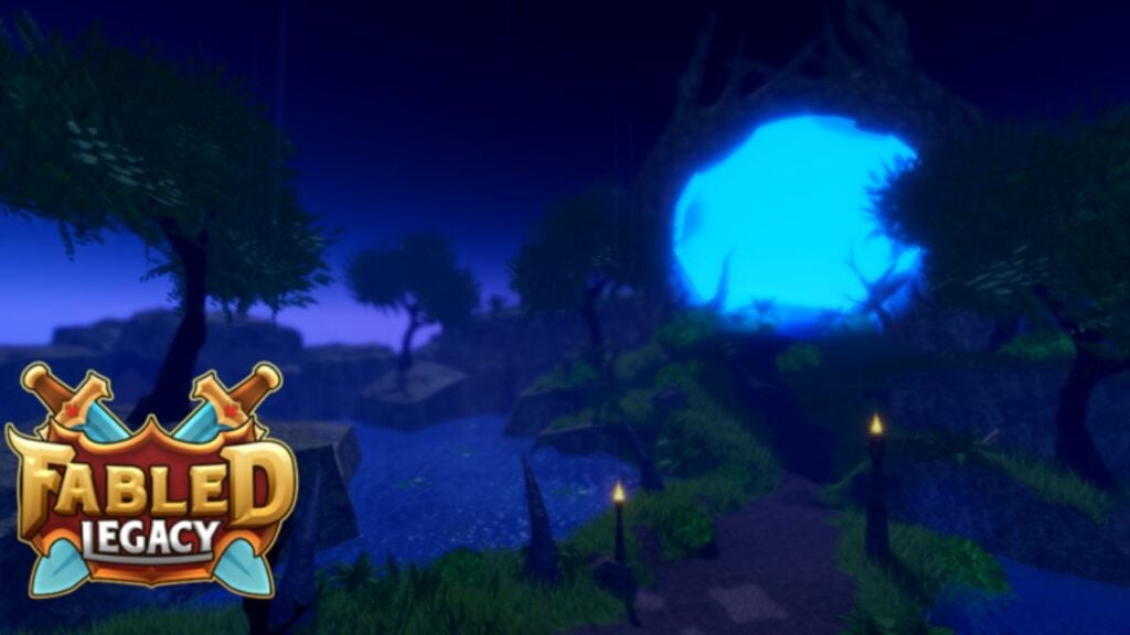 Feature image for our Fabled Legacy codes guide. It shows a screen of the lobby, a dark area with trees, an indigo night sky, and a huge glowing blue portal.