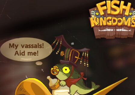 Feature image for our Fish Kingdoms codes guide. It shows a baby fish person in an elaborate hat on a gold stand, with a thought bubble that reads 'My vassals! Aid me!'.