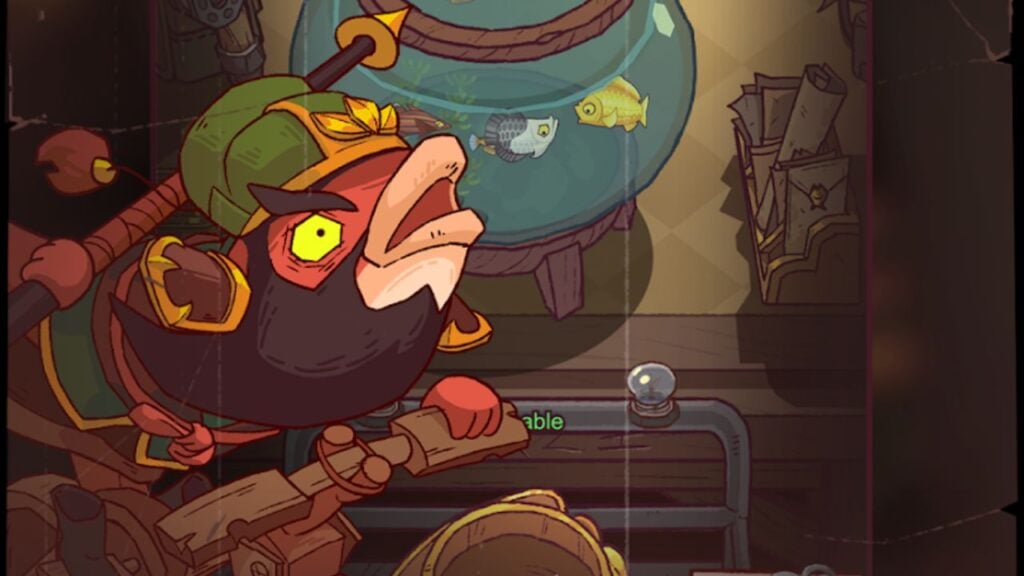 Feature image for our Fish Kingdoms tier list. It shows a red fish with a green hat and a long dark beard.