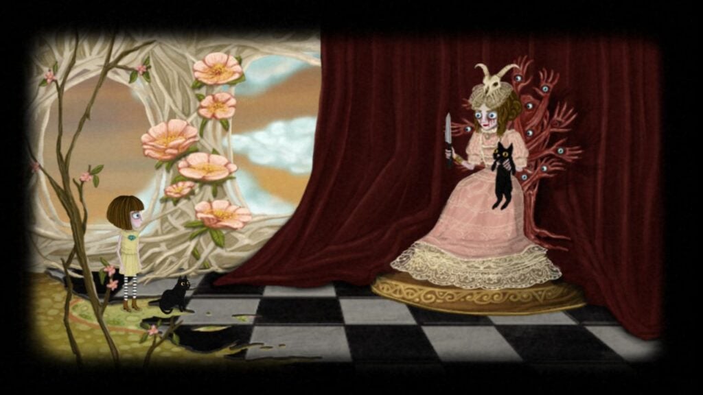 The featured image for our Best Android Horror Games article, it shows a screen capture from Fran Bow, with the player character stood on a checkered floor, facing a figure that resembles a woman with bleeding eyes, and wearing a horned skull on her hat. She holds a knife in one hand, and a black cat in the other.