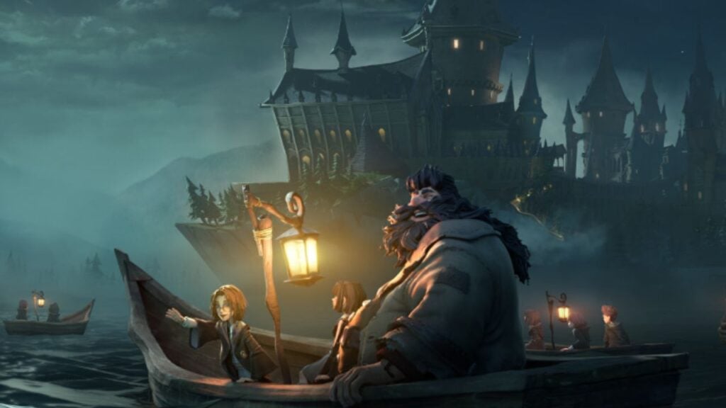 Feature image for our Harry Potter: Magic Awakened news piece. it shows a stylized, more cartoony rendition of Hogwarts School at night, with a lake in the foreground. There are several boats on the lake, the front boat containing two student characters, and the character Hagrid, along with a lantern. They're smiling.