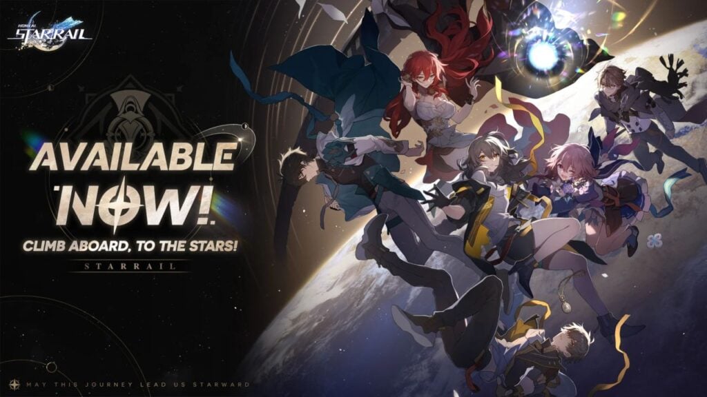 Feature image for our Honkai: Star Rail pre-download news piece. It shows several characters, including the Trailblazer character options, in space against the image of a planet, with the text 'Available Now!'