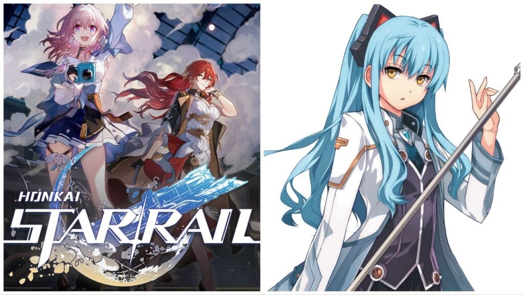 feature image for our honkai star rail producer news, the image features official art of tio plato from the trails series, as well as official promo art for honkai star rail with the game's logo above a fainst drawing of a planet, as well as the character's march 7th as she waves and holds up her camera, with himeko stood close to her with a train behind them which has steam flowing out of it