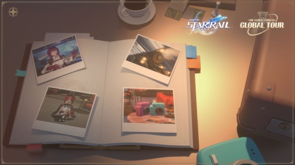 Feature image for our Honkai Star Rail reroll guide. It shows some 3D rendered art of a scrap book on a desk with several Polaroid photos of characters and places.
