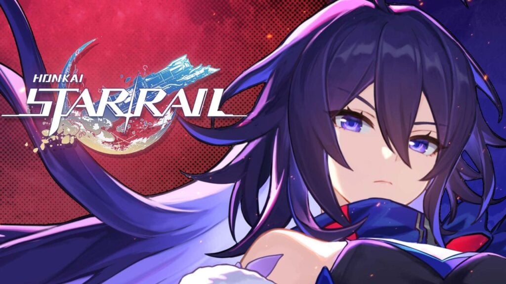 Feature image for our Honkai Star Rail tier list. It shows the character Seele, a young woman with long purple hair, next to the game's logo.