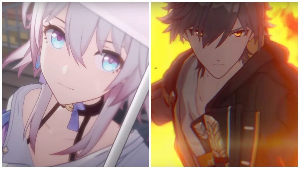 feature image for our honkai star rail trailer news, the image features screenshots from the brand-new trailer, with one image being of march 7th holding an umbrella over her head as she looks up, there is also a screenshot of the main player, called trailblazer, reaching forwards with flames behind him