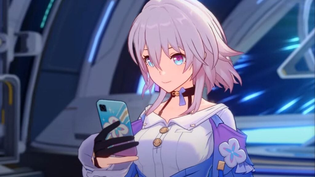 Feature image for our guide on how to claim pre-registration rewards in Honkai Star Rail. It shows the character March 7th checking her phone in-game.