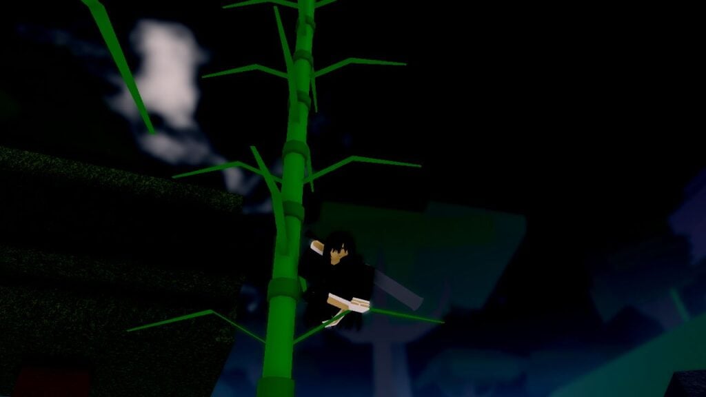 Feature image for our guide on how to get to Soul Society in Project Mugetsu. It shows an in-game screen with a Soul Reaper character with dark hair perching on a bamboo plant in a forest at night.