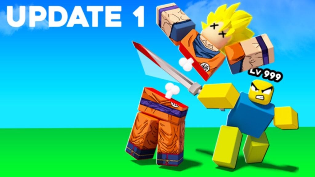 Feature image for our Kill To Save Anime Girl codes guide. It shows a Roblox default character on a grassy background swinging a sword and cutting a Roblox version of Goku in half at the waist.
