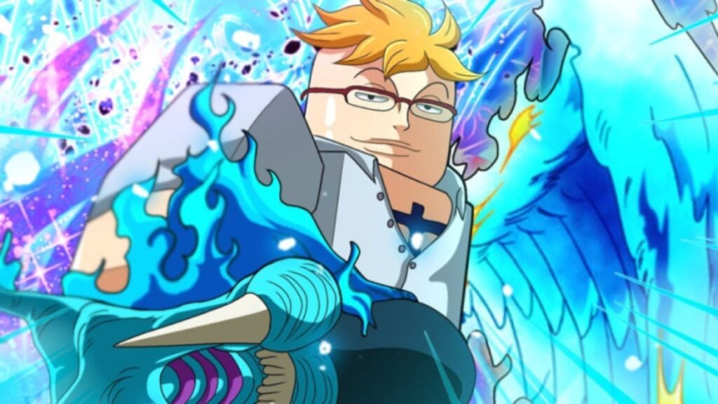 Feature image for our King Of Sea codes guide. It shows an anime version of a Roblox character, with glasses, blond hair, and one glowing blue fiery wing.