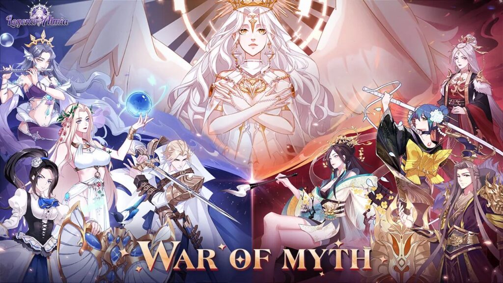 Feature image for our Legend Of Almia tier list. It shows art of various characters, divided between Western and Eastern fantasy aesthetic down the middle, with an angelic figure over the top.