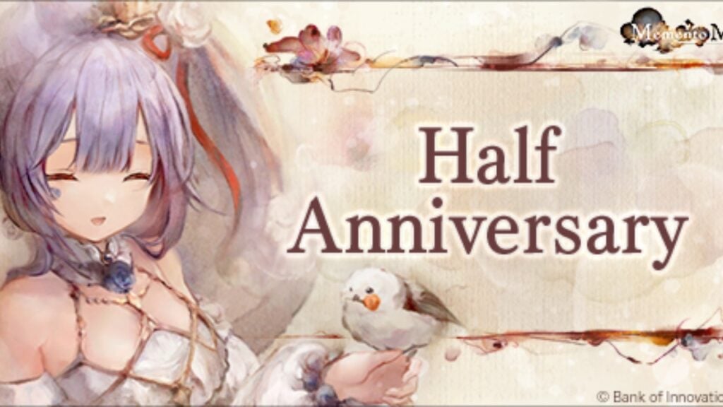 The featured image for our Memento Mori half anniversary event, featuring a character from the game facing the camera. Next to her is the "Half Anniversary" title card.