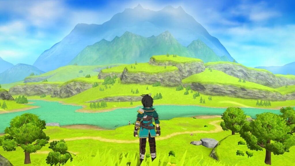 The featured image for our Metria Alpha article, featuring a third person shot of a character from the game overlooking an expansive green valley.