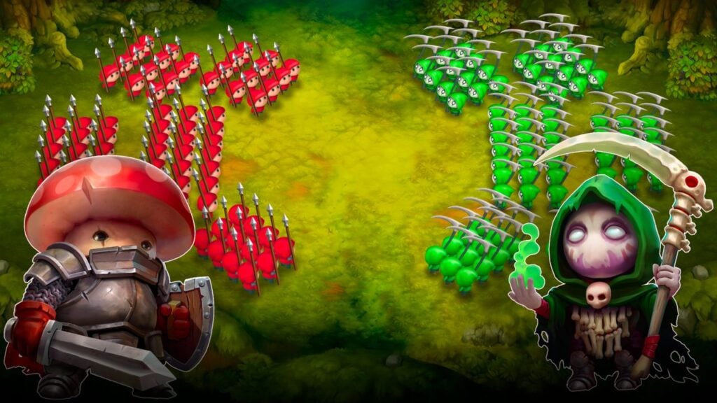 Feature image for our best Android updates this week. It shows a screen from Mushroom Wars 2 with two fantasy mushroom figures squaring off while two mushroom armies face each other on the battlefield.