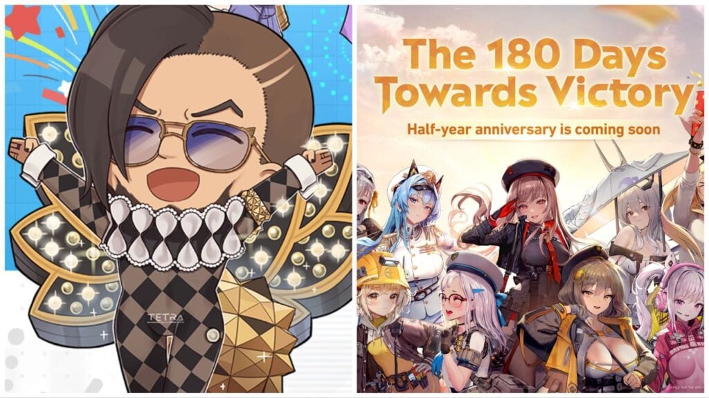 feature image for our nikke anniversary news, the image features a chibi version of the character mustang as he laughs and raises his arms up, as well as the official promo image for the 6 month celebration event with official art of a variety of characters from the game such as rapi, helm, scarlett, alice and more