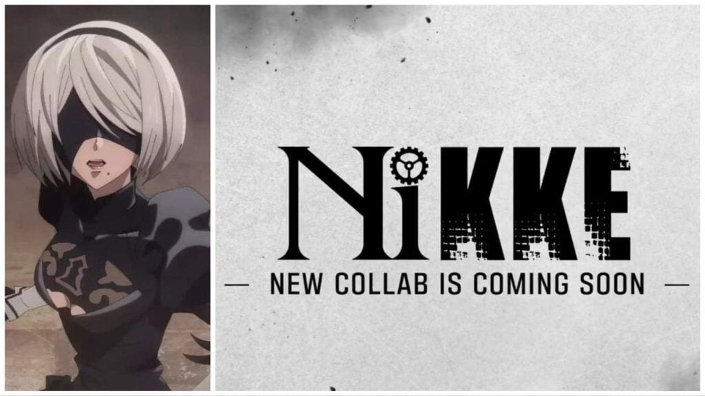 feature image for our nikke nier collab, the image features a screenshot of 2B from the nier anime, as well as a screenshot from the nikke nier collaboration teaser video on twitter, which features the nier and nikke logo combined with the text "new collab is coming soon" underneath the logo