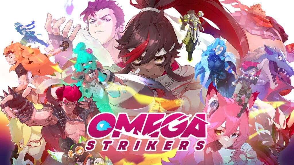 The featured image for our Omega Strikers codes guide, featuring the cast of the game gathered round, looking at the camera. The colour scheme varies from pinks, reds, and even some green.