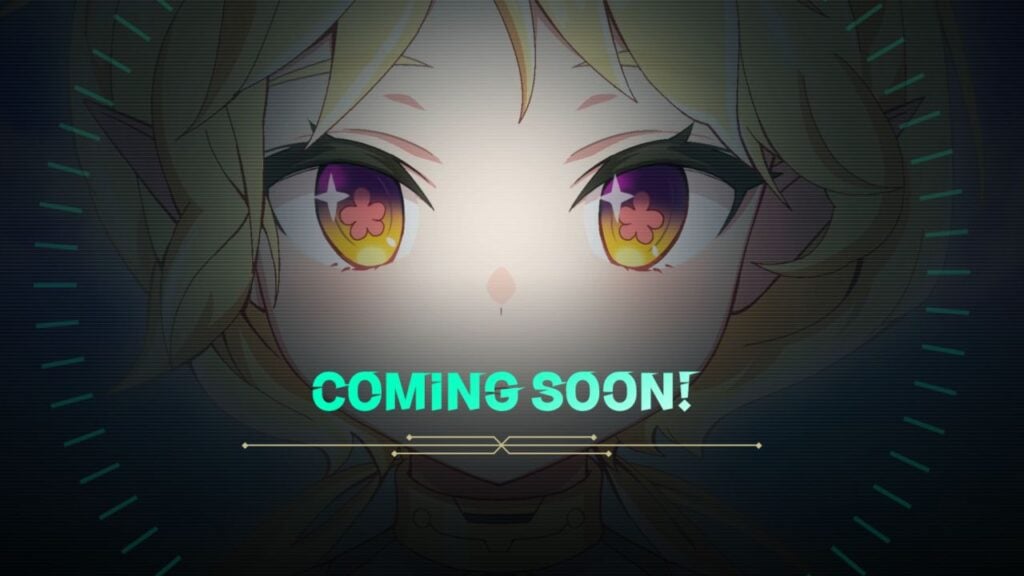 Feature image for our Outerplane release news piece. It shows a character with blonde hair and pink, orange, and yellow eyes facing the viewer, with 'Coming Soon!' written over the top.