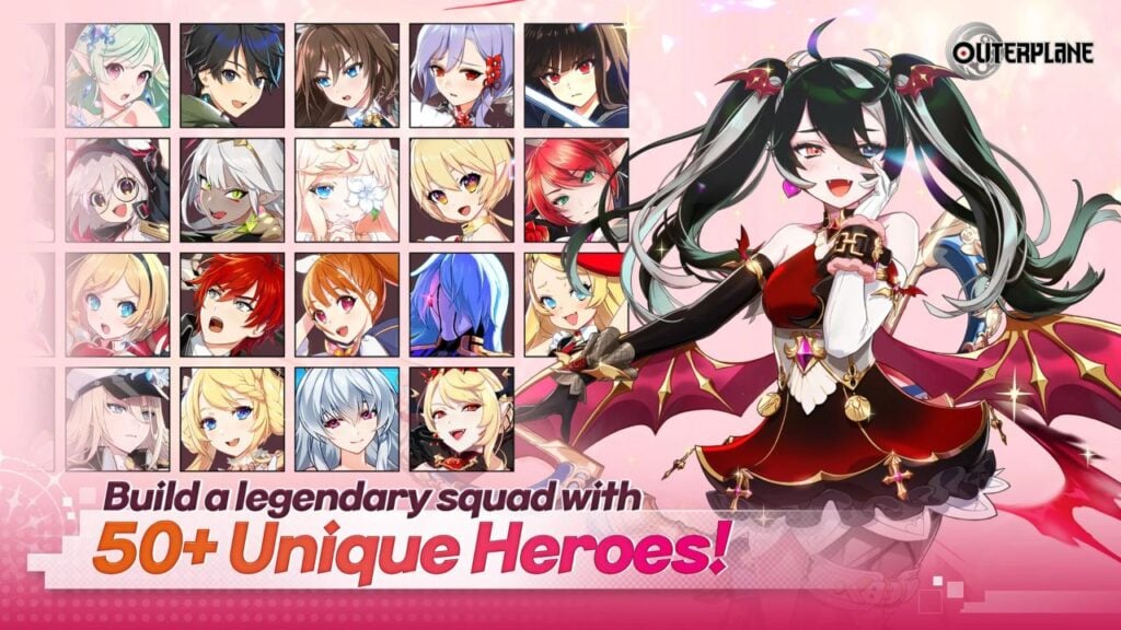 Feature image for your Outerplane tier list. It shows an anime character with black and white hair in a red outfit, alongside icons with the faces of various different characters.