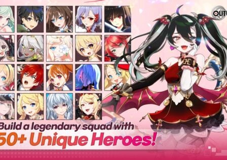 Feature image for your Outerplane tier list. It shows an anime character with black and white hair in a red outfit, alongside icons with the faces of various different characters.