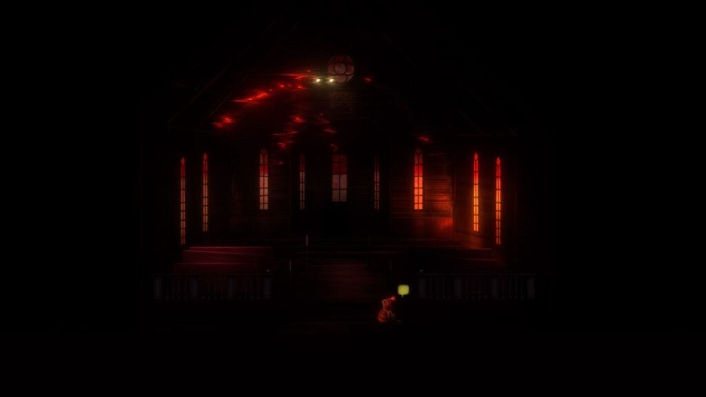Feature image for our Oxenfree II: Lost Signals news piece. It shows the protagonist, Riley huddling in a church lit with red light streaming through the windows. A terrifying semi-transparent entity with glowing eyes hovers overhead.