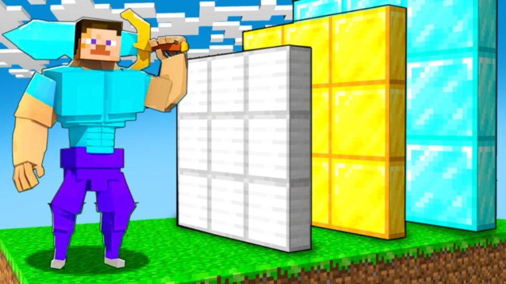 ميزة صورة لدليل رموز محاكاة الجدار لكمة. يُظهر نسخة عضلية من شخصية Minecraft الافتراضية التي تحمل سيفًا أزرق ، على منصة عشبية بجانب ثلاثة جدران. الجدران مصنوعة من كتل الحديد والذهب والماس على التوالي