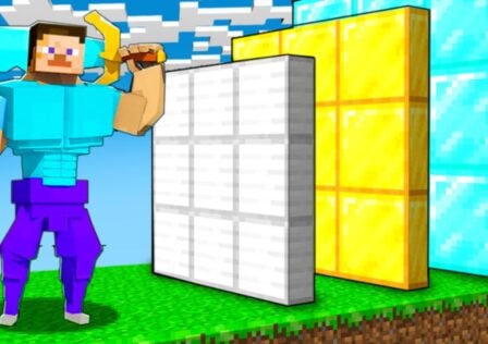 Feature image for our Punch Wall Simulator codes guide. It shows a muscular version of a Minecraft default character holding a blue sword, on a grassy platform beside three walls. The walls are made of iron, gold, and diamond blocks respectively.