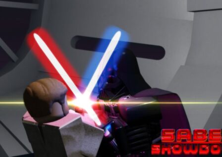 Feature image for our Saber Showdown codes guide. It shows a Roblox character fighting a Roblox version of Darth Vader.