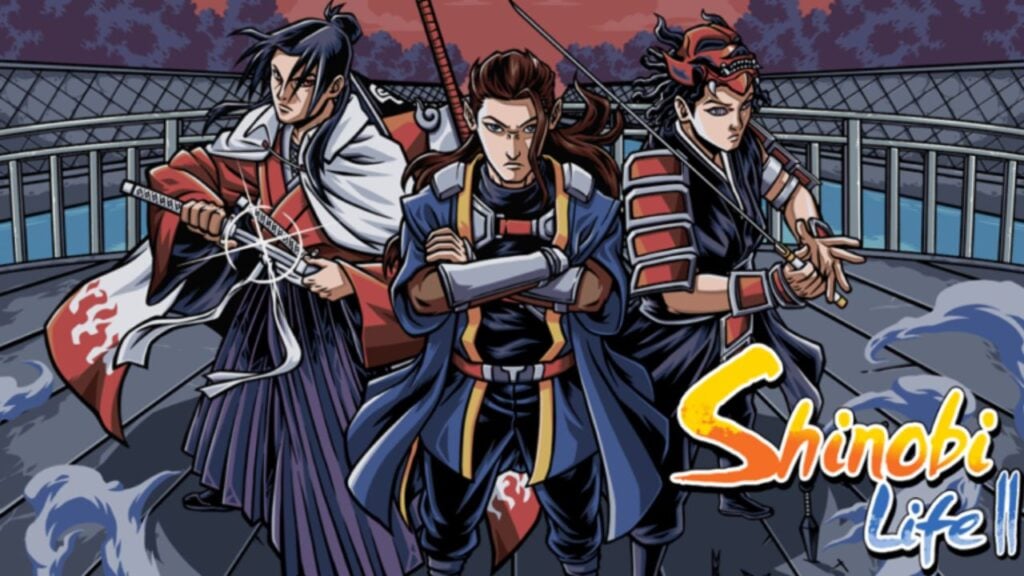 Feature image for our Shinobi Life 2 codes. It shows art of three ninja characters in different costumes.