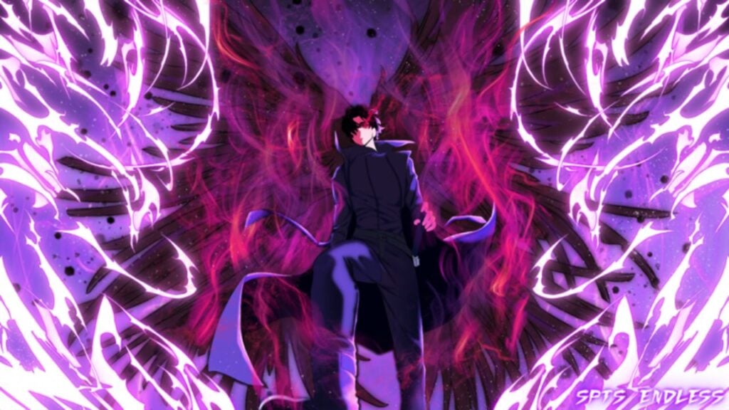 Feature image for our SPTS Endless codes guide. It shows a dark-haired anime character in a purple suit, with dark wings on his back and purple energy around him.