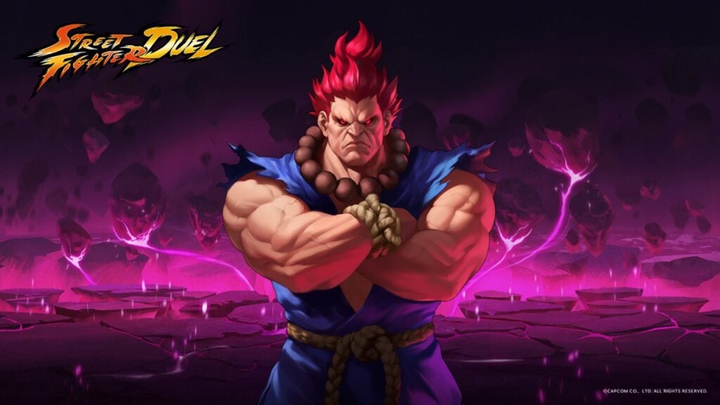 The featured image for our Street Fighter Duel Akuma article, featuring the character facing the camera with their arms folded. Akuma stands in a magenta environment.