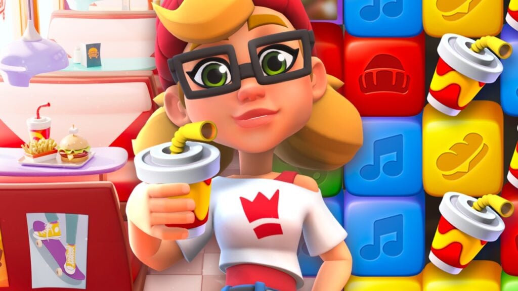 The featured image for our Subway Surfers Blast launch article, featuring a character from the game offering the camera her milkshake, as she stands infront of the puzzle and diner, also seen in the game.