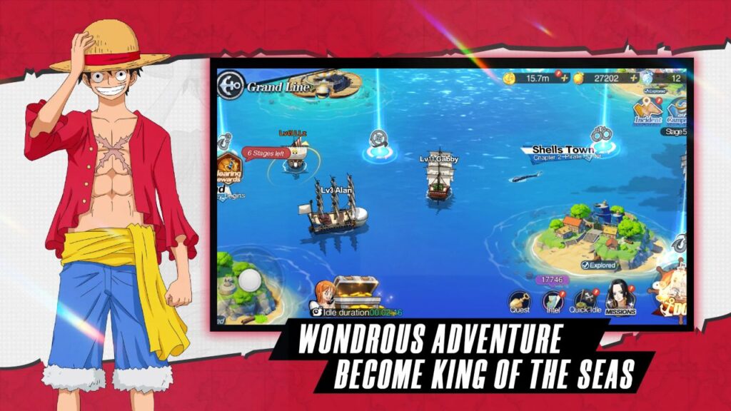Feature image for our The Sea Road: Fate Assembly tier list. It shows the One Piece character Luffy stood with one hand on his straw hat next to a game screen showing two player ships marked 'Gabby' and 'Alan; on a sea map with several islands.